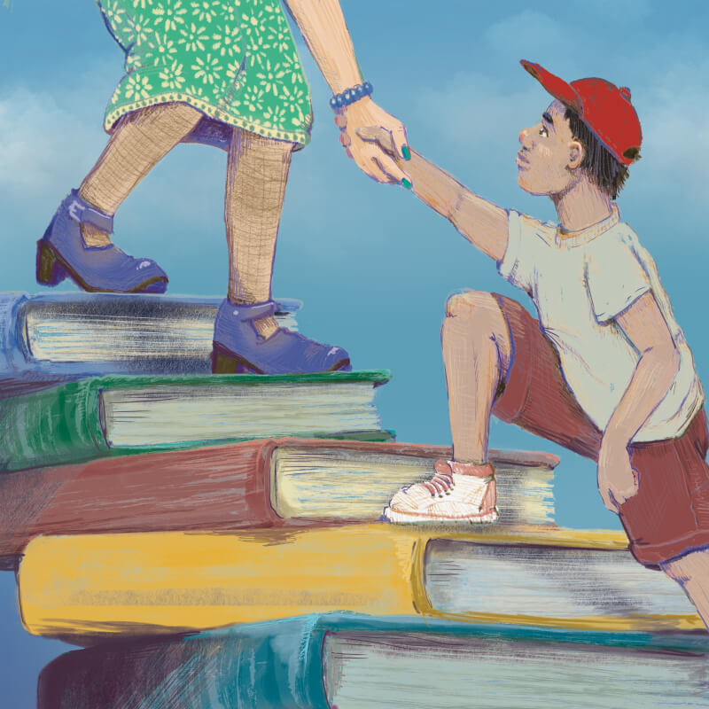 Tomas being helped up steps made of books by the library lady.