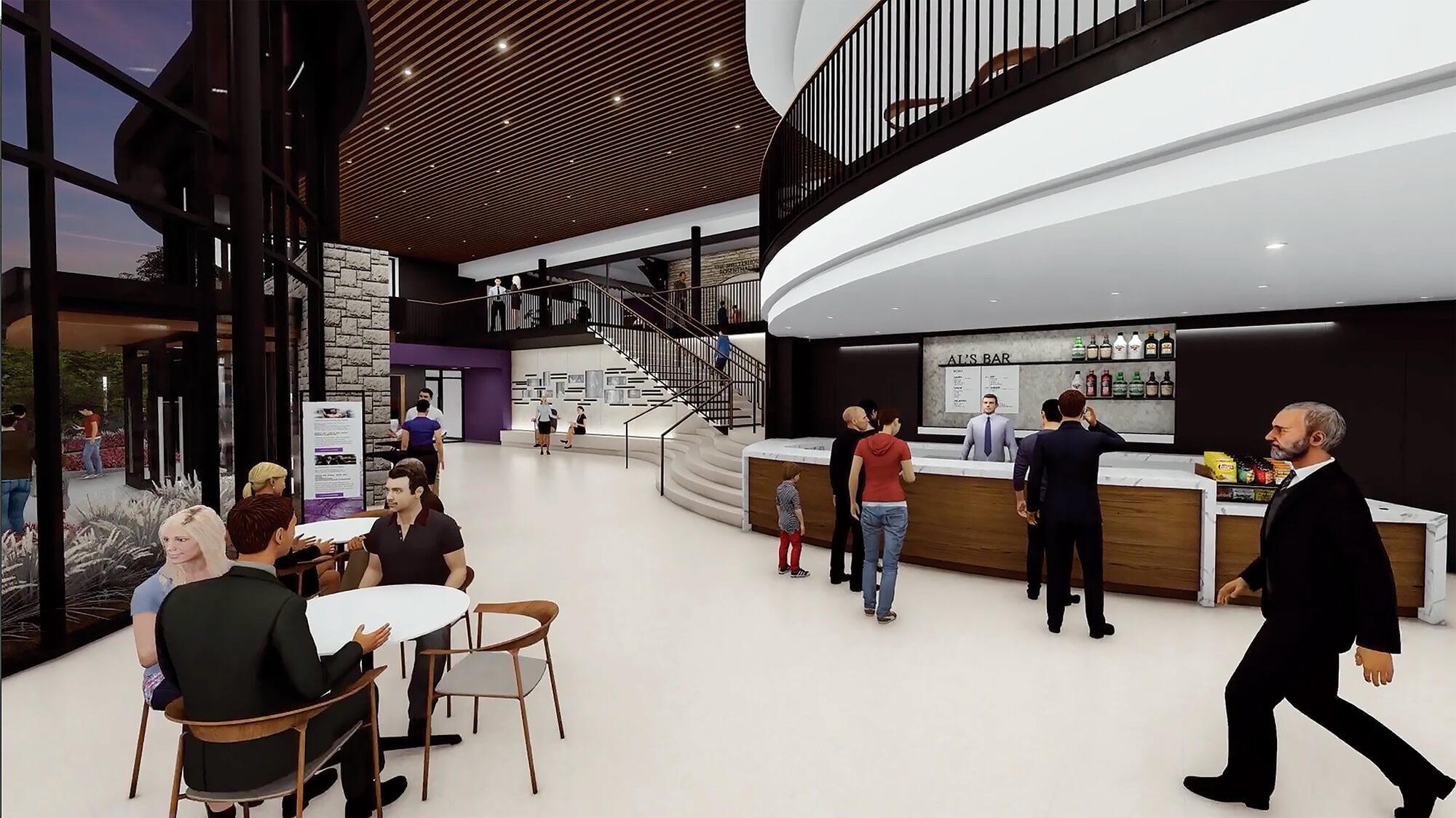 The new lobby, featuring Al's Bar — named for Margaret and Albert Vontz III, long-time supporters of the Playhouse.