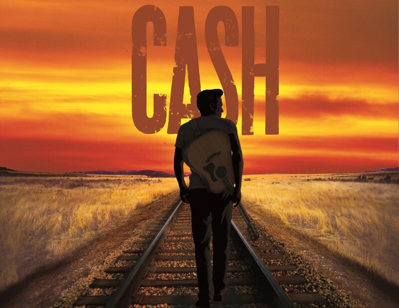 Johnny Cash walking down train tracks into sunset.