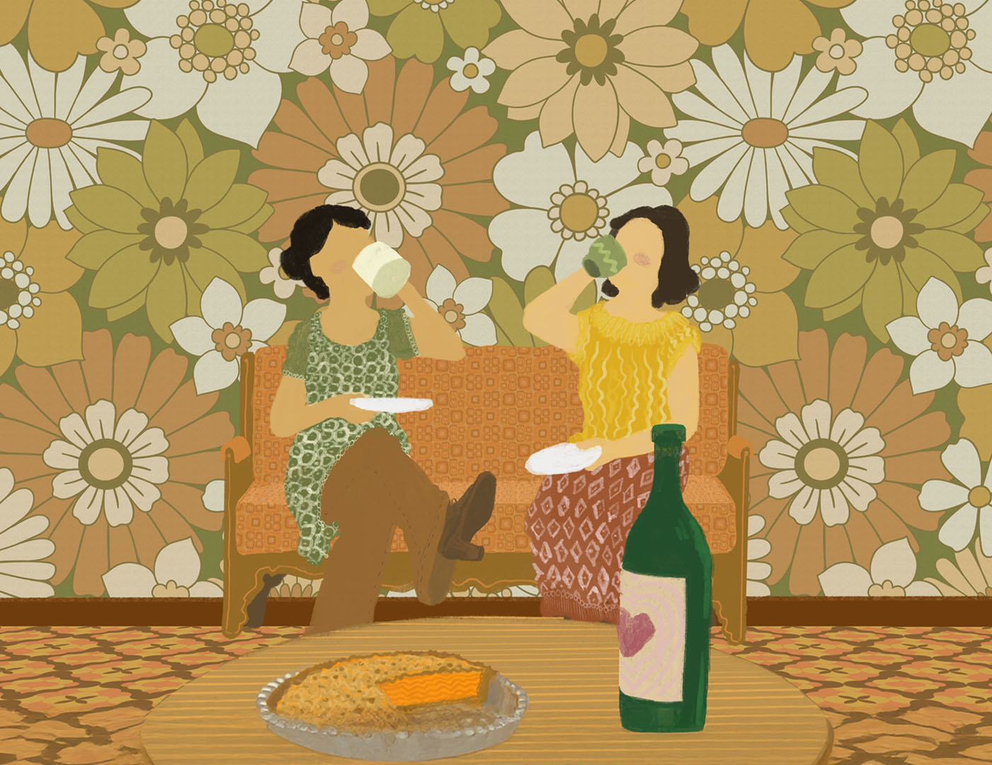 Two women enjoying wine and pie