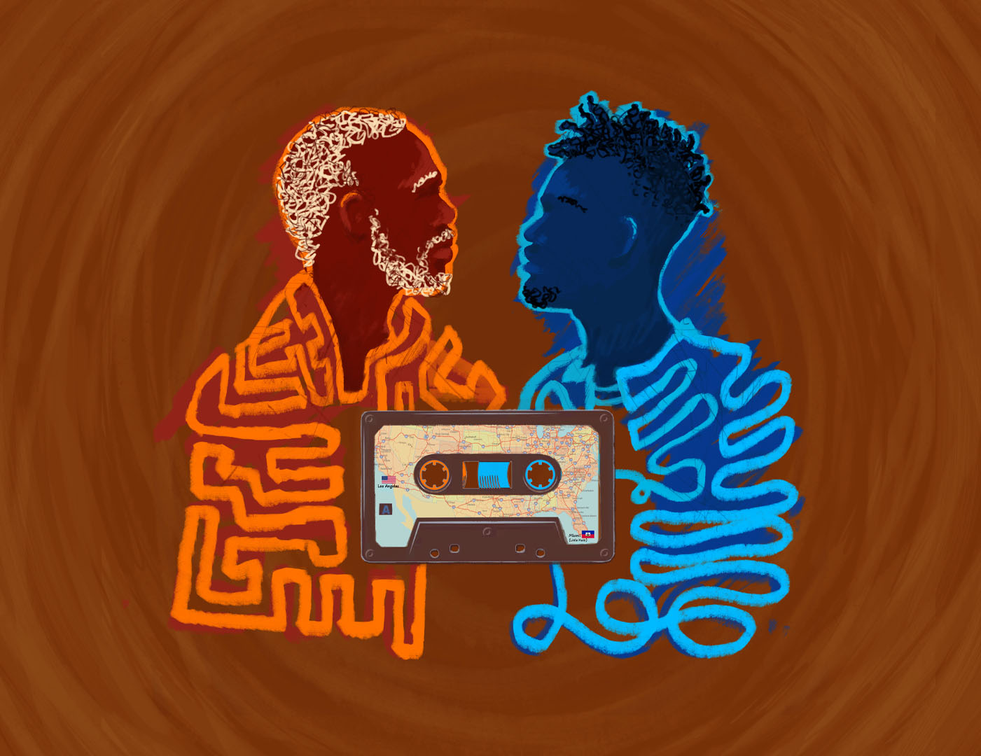 Young man and old man connected by a cassette